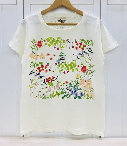 レディースTシャツ　花とシマエナガ　受注製作　送料無料　クーポン利用不可