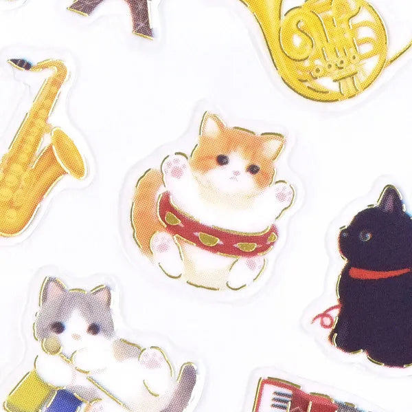 透明シール　まったり　ねこと音楽　金箔押し加工