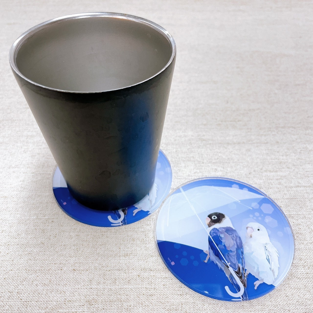 受注製作　アクリルコースター　とりアート　雨色リズム　ボタンインコ　クーポン利用不可
