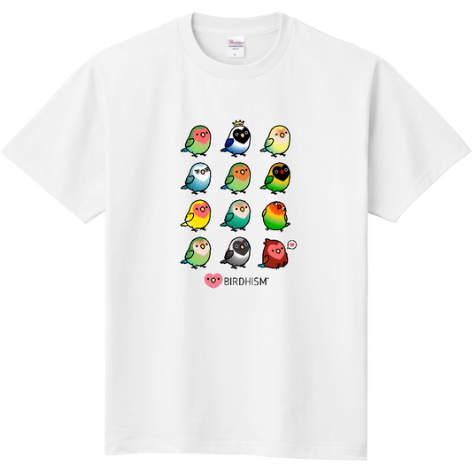 Chubby Bird　ラブバード大集合　コザクラインコ & ボタンインコ　スタンダードTシャツ　ホワイト　受注製作　送料無料　メーカー直送　クーポン利用不可