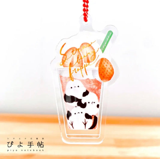 受注製作　アクリルキーホルダー　シマエナガとドリンク　「ストロベリーフラッペ」クーポン利用不可