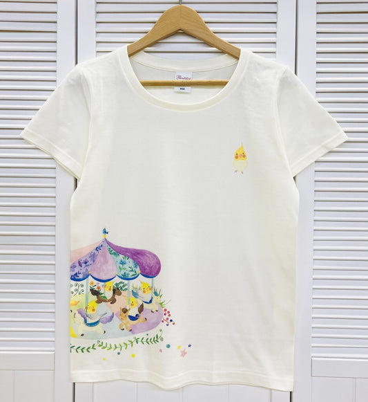 レディースTシャツ ことり遊園地シリーズ メリーゴーランド　オカメインコ　受注製作　送料無料　クーポン利用不可