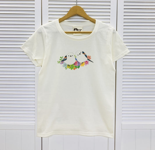 レディースTシャツ　フラワーことりシリーズ　シマエナガ　受注製作　送料無料　クーポン利用不可