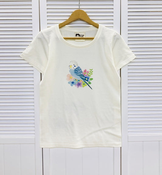 レディースTシャツ　フラワーことりシリーズ　セキセイインコ　ブルー　受注製作　送料無料　クーポン利用不可