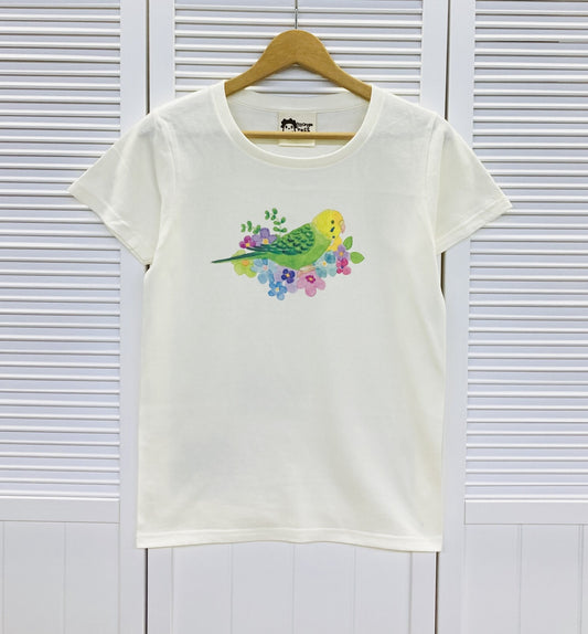 レディースTシャツ　フラワーことりシリーズ　セキセイインコ　グリーン　受注製作　送料無料　クーポン利用不可