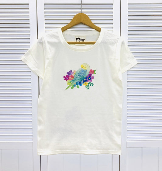 レディースTシャツ　フラワーことりシリーズ　セキセイインコ　レインボー　受注製作　送料無料　クーポン利用不可