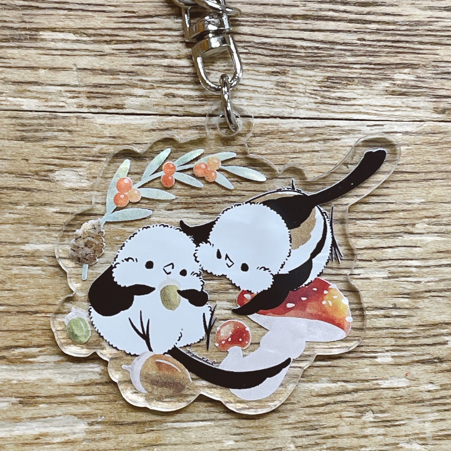 受注製作　アクリルキーホルダー　シマエナガとドリンク　「シマエナガと秋の実り」クーポン利用不可