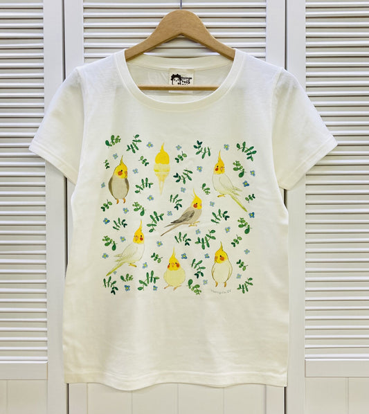 レディースTシャツ　ボタニカルシリーズ　青花とオカメインコ　受注製作　送料無料　クーポン利用不可
