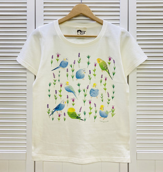 レディースTシャツ　ボタニカルシリーズ　ラベンダーとセキセイインコ　受注製作　送料無料　クーポン利用不可