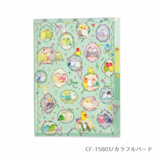 A5クリアファイル　3ポケット　カラフルバード　インコ 　たけいみき　金箔加工