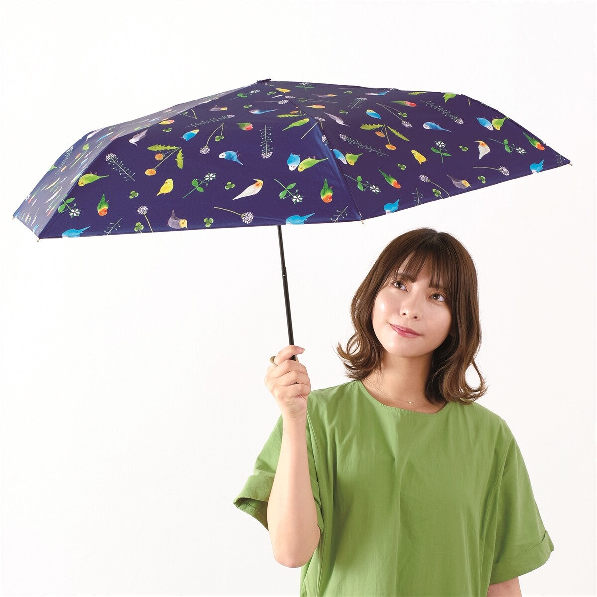折りたたみ傘　晴雨兼用傘　遮光ことりスレンダーミニ　セキセイインコ、オカメインコ、コザクラインコ、ボタンインコ