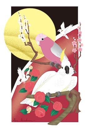 小鳥とお花のポストカード　モモイロインコ、十姉妹、キバタン - 小鳥雑貨専門のお店　スウィート・バーディー・ブティック