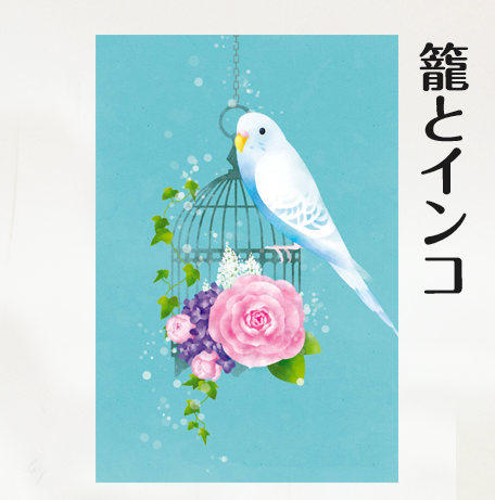 ポストカード　インコと花籠 (セキセイインコ） - 小鳥雑貨専門のお店　スウィート・バーディー・ブティック