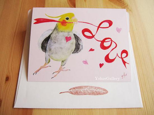 バレンタインカード オカメインコ 封筒付き二つ折りカード - 小鳥雑貨専門のお店　スウィート・バーディー・ブティック