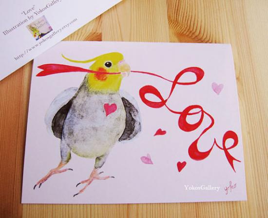 バレンタインカード オカメインコ 封筒付き二つ折りカード - 小鳥雑貨専門のお店　スウィート・バーディー・ブティック