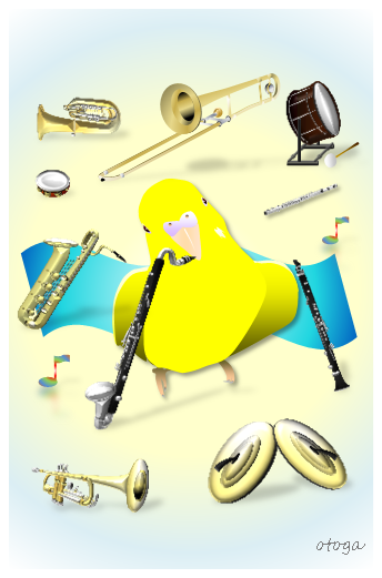 ぴーちゃんの吹奏楽　セキセイインコ　ポストカード - 小鳥雑貨専門のお店　スウィート・バーディー・ブティック