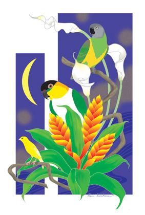 小鳥とお花のポストカード　ズグロシロハラインコ、セネガルインコ、カナリア - 小鳥雑貨専門のお店　スウィート・バーディー・ブティック