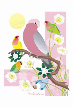 小鳥とお花のポストカード　モモイロインコ・ラブバード - 小鳥雑貨専門のお店　スウィート・バーディー・ブティック
