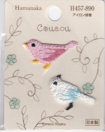アイロン接着刺繍ワッペン　ピンクの鳥と白い鳥 - 小鳥雑貨専門のお店　スウィート・バーディー・ブティック