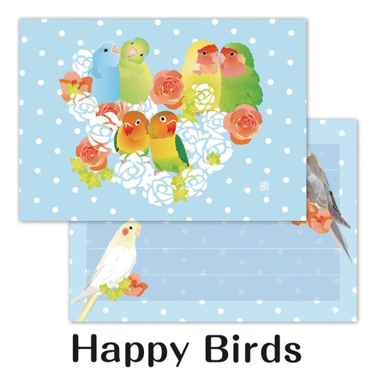 メモ帳　とりアート　Happy Birds マメルリハインコ、コザクラインコ、ボタンインコ、オカメインコ - 小鳥雑貨専門のお店　スウィート・バーディー・ブティック